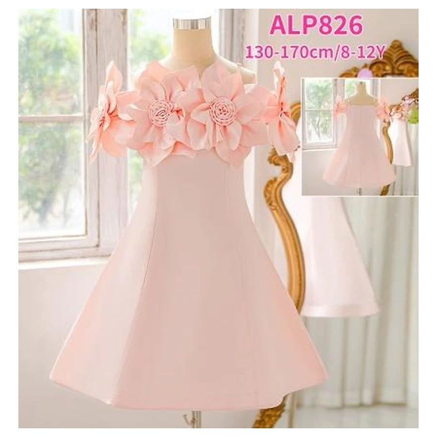 Pink 3D Floral Appliqué A-Line Girls Dress