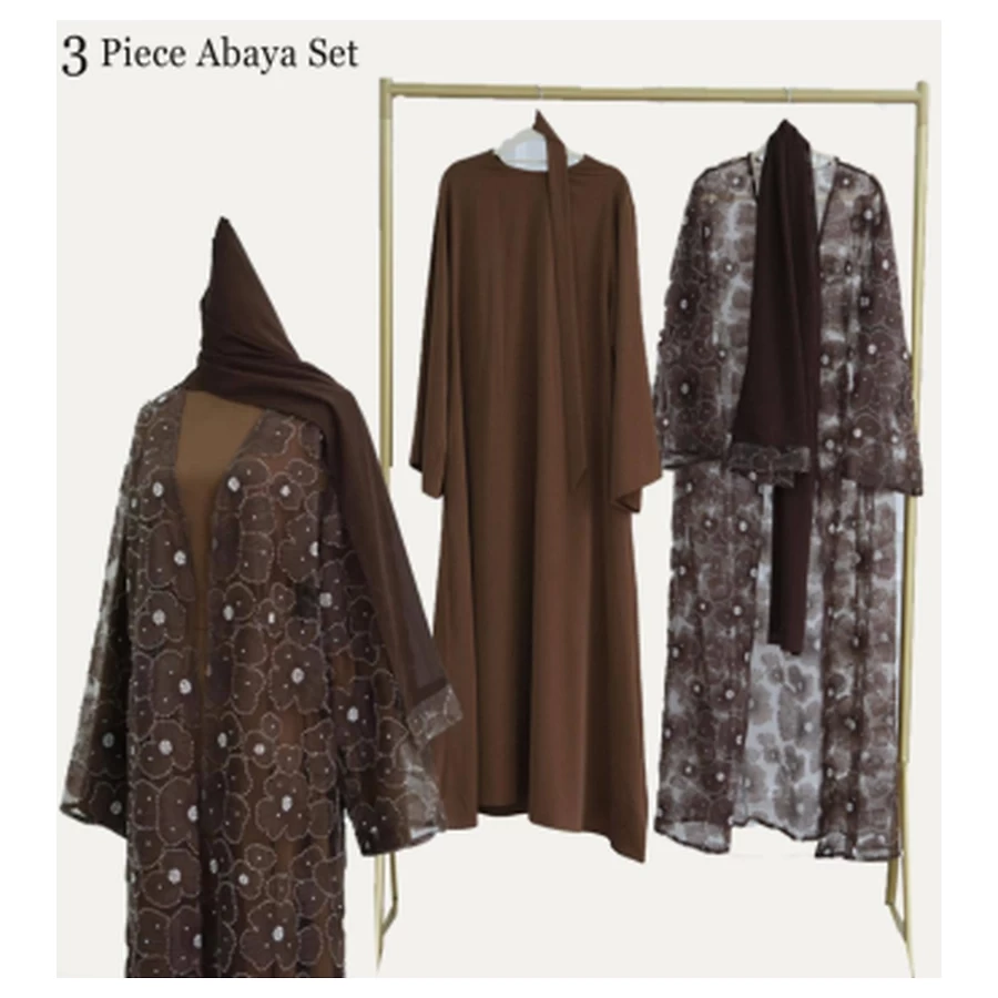 Lace Beaded Open Abaya with Nida Inner & Chiffon Hijab #1069