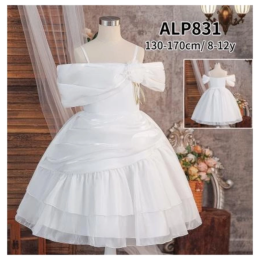 White Off-Shoulder Ruffle Middle-Length Girls Dress